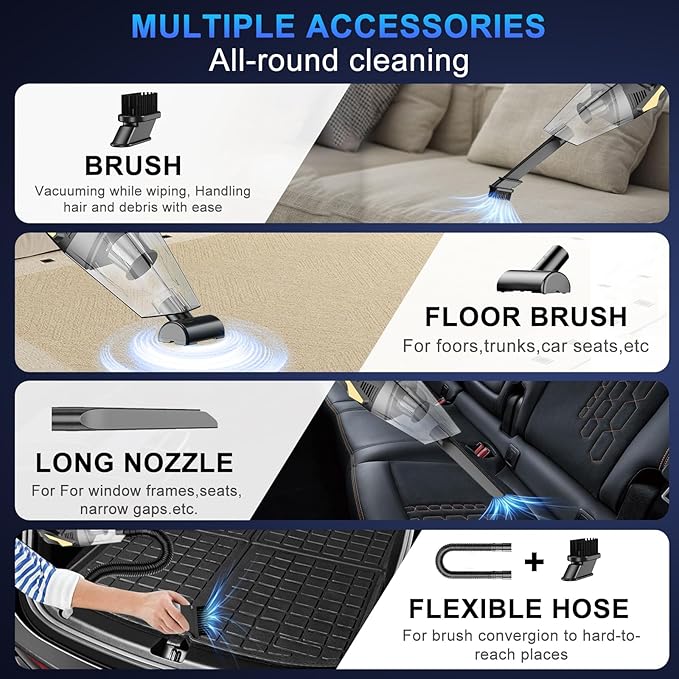 Rechargeable Cordless Handheld Vacuum Cleaner, Lightweight Portable Mini Hand Vac with 16000Pa Suction & LED Light for Car Interior,Home,Pet Hair, Hard-to-Reach Corners Cleaning