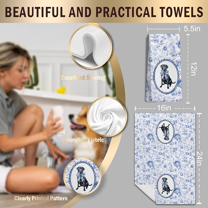 Chinoiserie Black Labrador Retriever Kitchen Towels, Blue and White Floral Black Lab Gifts Dish Tea Towels, Grandmillennial Botanical Dog Hand Towels for Kitchen Bathroom, 16x24 Inch