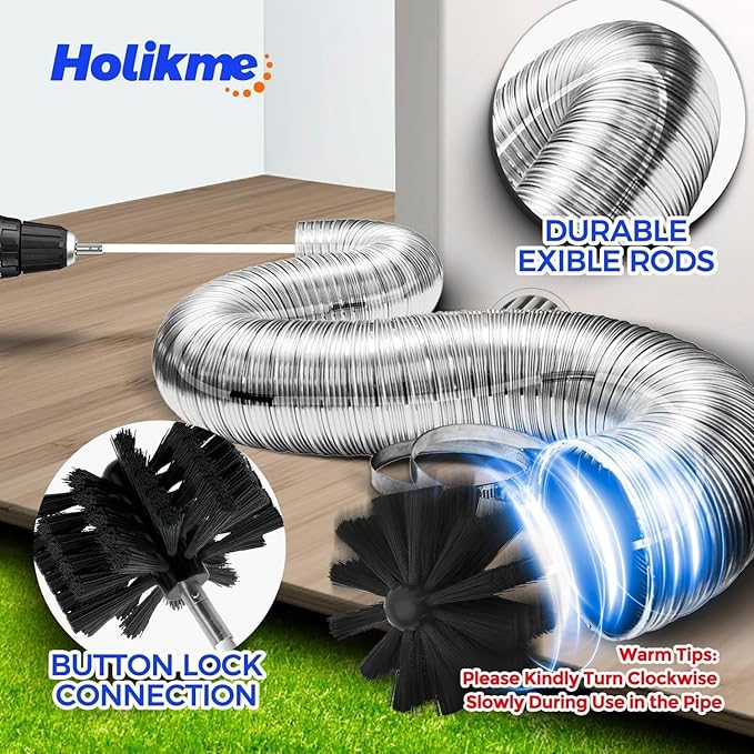 Holikme 20 Feet Dryer Vent Cleaner Kit, Flexible Lint Brush with Drill Attachment, Fireplace Chimney Brushes Extends Up to 20 Feet for Easy Cleaning, Use with or Without a Power Drill