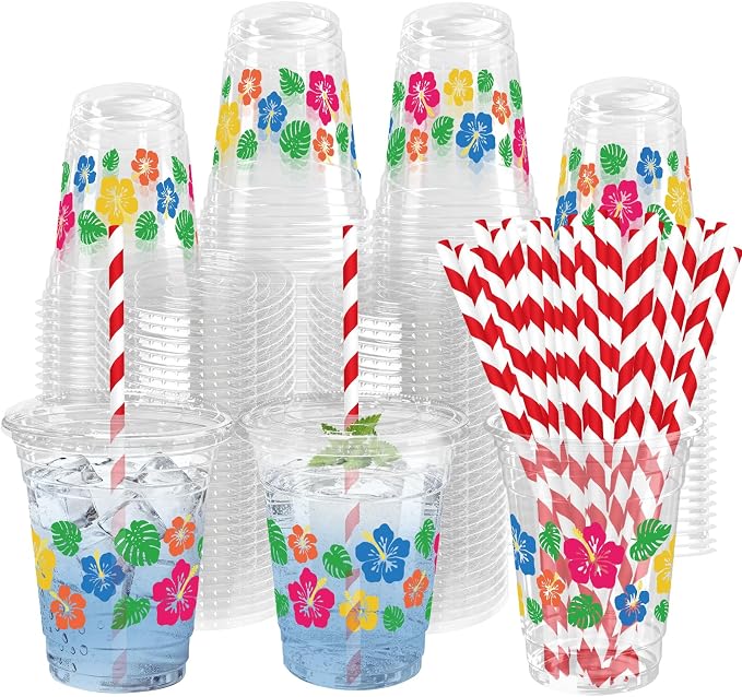 50 Sets Hawaii Hibiscus Flower Plastic Cups with Lids Straws 12 oz Colorful Tropical Flower Disposable Cups Drinking Cold Beverage Cup for Summer Beach Luau Aloha Birthday Party Supplies