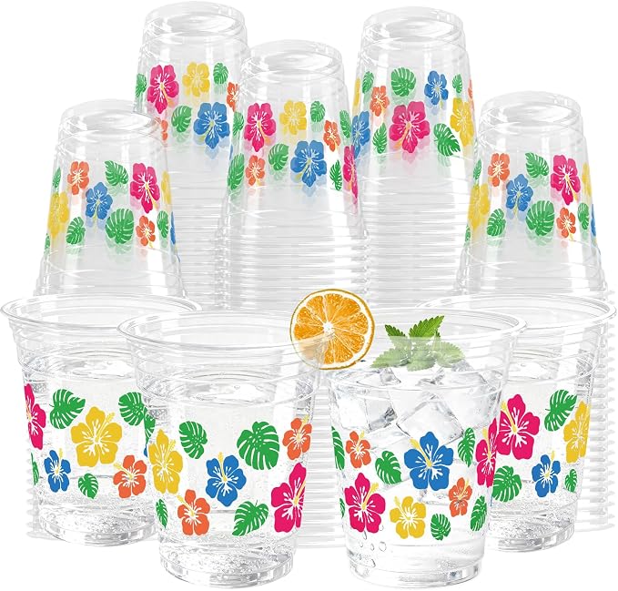 100 Pack Hawaii Hibiscus Flower Plastic Cups 12 oz Colorful Tropical Flower Disposable Cup Drinking Cold Beverage Cup for Summer Beach Luau Aloha Birthday Party Supplies