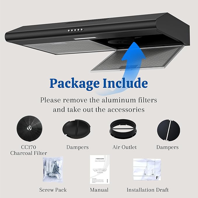FIREGAS Under Cabinet Range Hood 30 Inch Black, Ducted/Ductless Convertible Kitchen Vent Hood with 250 CFM, 3-Speed Fan & LED Lights for Stove Ventilation