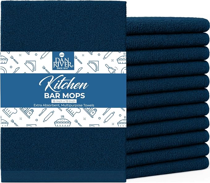 DAN RIVER Kitchen Bar Mops,Pack of 12,16 by 19 Inches,100% Cotton Super Absorbent,Multi-Purpose Cleaning Towels for Home and Kitchen Bars-Blue Opal