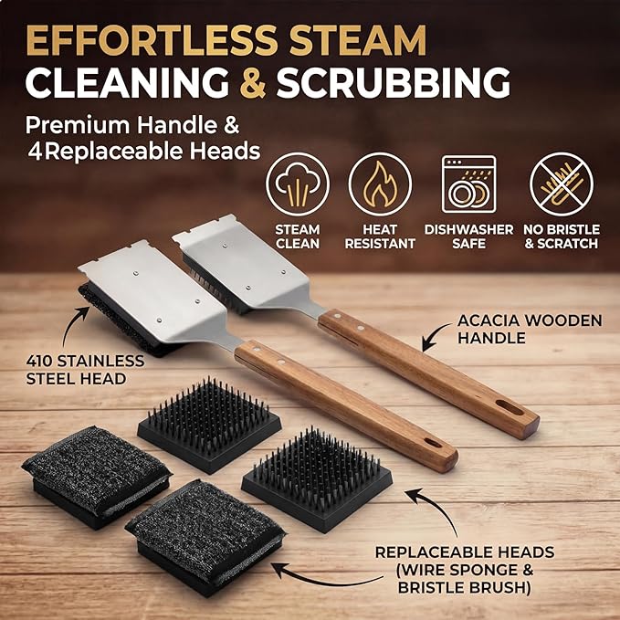 Sawysine 2 Pack Grill Brush and Scraper with 4 Replacement Heads, Wooden Handle Wire BBQ Grill Brush for Outdoor Grilling, 16.5" Bristle-Free BBQ Cleaning Brushes Barbecue Accessories