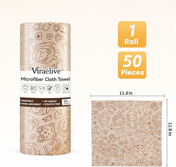 Microfiber Cleaning Cloth Roll, 50-Count, Reusable Durable Washable Absorbent Towels, Lint-Free Non-Scratch Dish Rags for Kitchen & Housekeeping, Car & Screen, Brown Cute Bear Print, 12x12 in