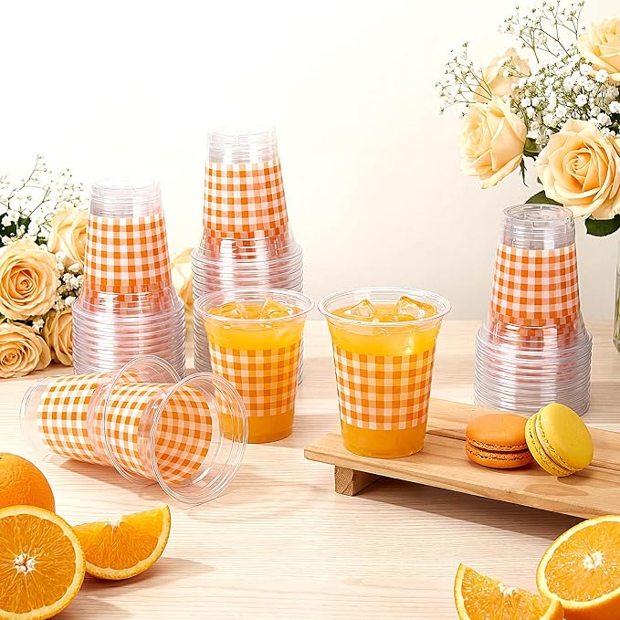 Qinyoung Checkered Plastic Cups 12oz Gingham Party Disposable Cups Bulk Drinking Cup for Cold Drinks Baby Shower Wedding Summer Birthday Party Supplies(Orange and White,50 Pcs)
