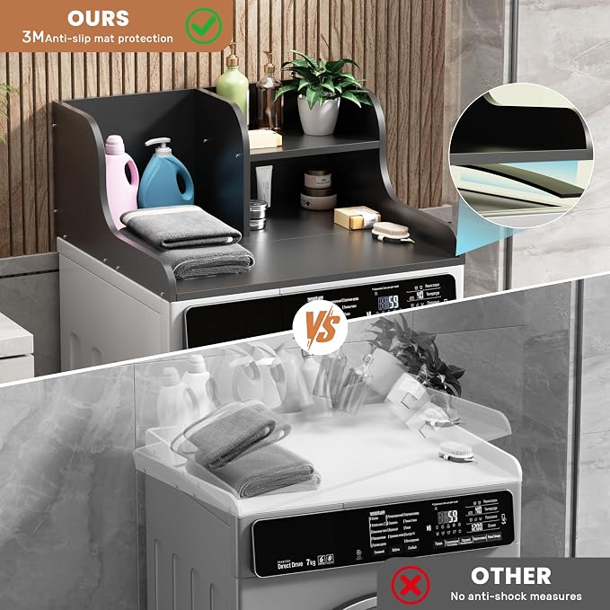 DTK Washer Dryer Countertop with Shelf,27.5" D x 27" W x 11.8" H Wood Countertop for Washer and Dryer,Laundry Countertop with Anti-Slip Strips and Edge Rails,Dryer Countertop for Laundry Room(Black)