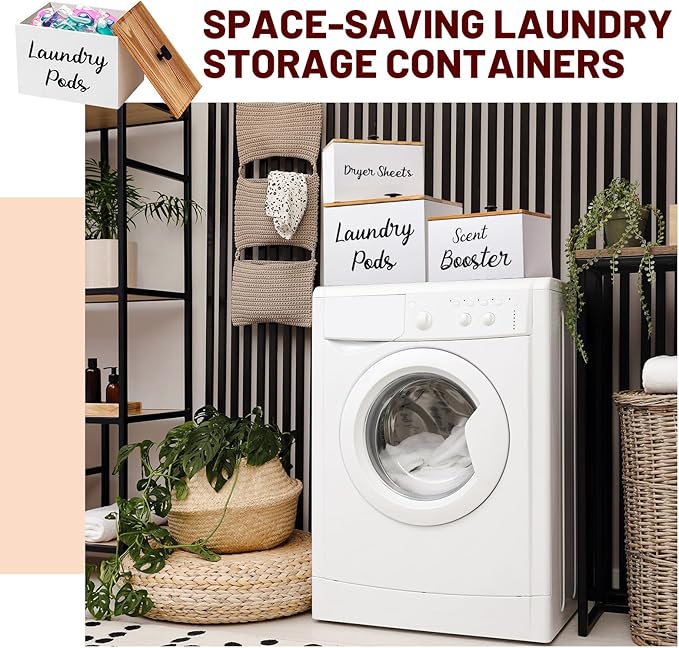 Dandat 3 Pcs Wood Laundry Pods Container Dryer Sheet Holder Dryer Sheets Holder Scent Booster Container Set with Scoop Rustic Laundry Room Beads Dispenser for Storage(White)