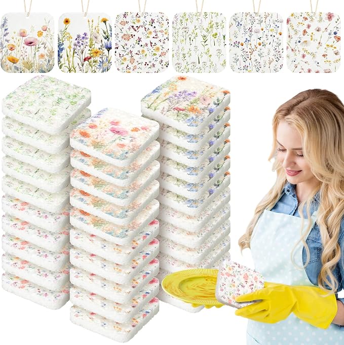 Hahafelt 72 Counts Compressed Cellulose Sponges Bulk Craft Pop up Wildflower Pattern Natural Kitchen Compostable Non Scratch Dish Sponges for Washing Dishes, Cleaning Countertop Sink