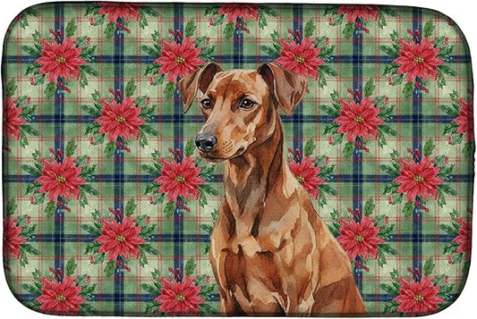 Caroline's Treasures Red German Pinscher Christmas PoinsettIas Dish Drying Mat Absorbent Dish Drying Mat Pad for Kitchen Counter Dish Drainer Mat for Countertop, 14 x 21", Multicolor
