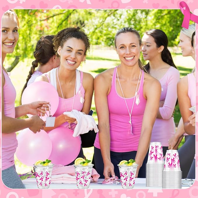 Uiifan 50 Pcs Breast Cancer Awareness Cups Bulk 12 oz Pink Ribbon Disposable Plastic Cups Breast Cancer Awareness Accessories for Charity Event Women Party Supplies Cold Beverage Drinking Tumblers