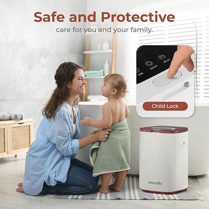 SereneLife Towel Warmer Bucket - Compact 23L Bathroom Towel Heater w/Essential Oils Disc Holder, Adjustable Timer, Auto Shut-Off, Power Cord Storage, LED Display, Fits 2 Oversized Towels (Wood Color)
