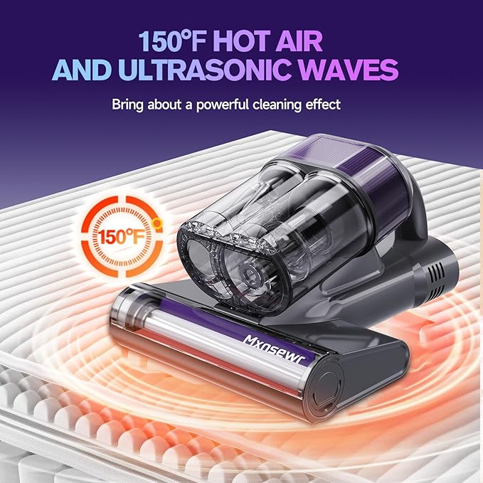 Mxnsewr Mattress Vacuum Cleaner, Ultrasonic Bed Vacuum Cleaner with 18Kpa Strong Suction, 150°F Heat & 253.7nm UV-C Light, Intelligent Dual Cup, One-Click Dust Removal for Bed, Sofa, Carpet, Gray