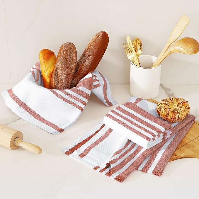 Homaxy Premium Kitchen Towels 18”x 28”, Large Cotton 380 GSM Kitchen Hand Towels, Stripe and Terry Dish Towel, Highly Absorbent Tea Towel Set with Hanging Loop, 3 Pack, Rust