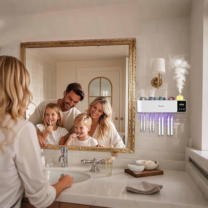 iHave Toothbrush Holders Wall Mounted with Toothbrush Sanitizer & Aromatherapy Diffuser | Auto-Cycle Disinfection, Heated Fan Drying, USB Rechargeable, IR Night Light,LED - 4 Cups Bathroom Organizer