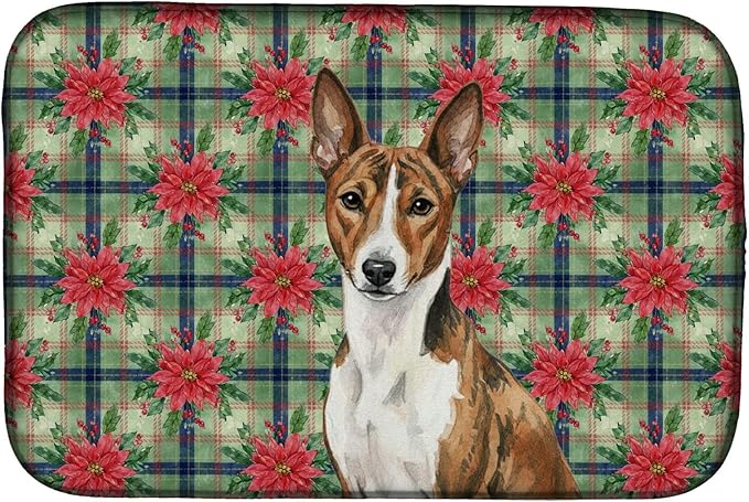 Caroline's Treasures Brindle and White Basenji Christmas PoinsettIas Dish Drying Mat Absorbent Dish Drying Mat Pad for Kitchen Counter Dish Drainer Mat for Countertop, 14 x 21", Multicolor