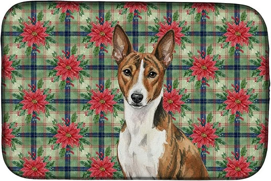 Caroline's Treasures Brindle and White Basenji Christmas PoinsettIas Dish Drying Mat Absorbent Dish Drying Mat Pad for Kitchen Counter Dish Drainer Mat for Countertop, 14 x 21", Multicolor
