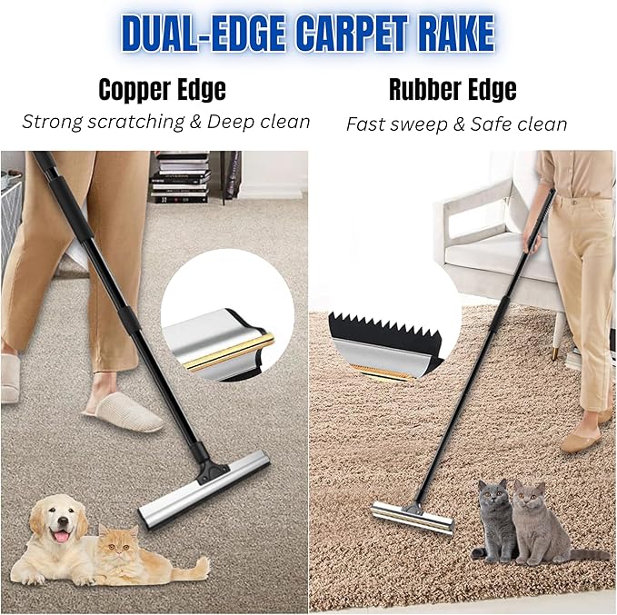 Pet Hair Removal Tool for Carpet & Car Detailing – 2025 Dual - Edge Carpet Rake & Pet Hair Remover – Deep Clean Dog & Cat Hair from Car, Rugs, Sofa, Couch, Furniture & Upholstery