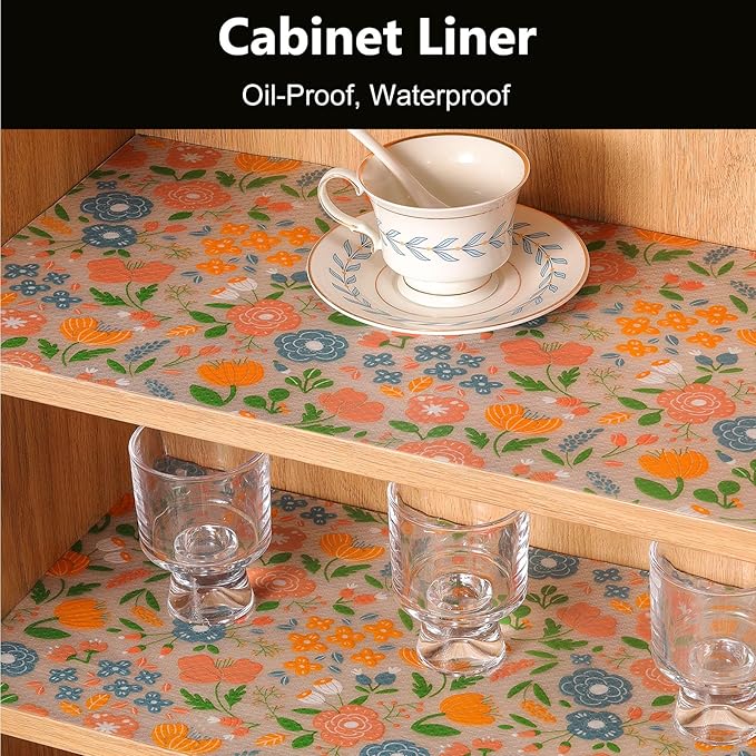 INNOLITES Shelf Liner for Kitchen Cabinets, Non-Adhesive Drawer Liner, Waterproof Washable EVA Floral Pattern, Protect Dresser Cupboard Refrigerator Shelves (Honey Coral Blue, 11.8" x 360")