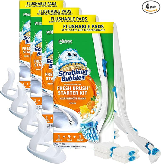 Scrubbing Bubbles Toilet Bowl Brush and Holder with Cleaner Refill Pads, Fresh Brush Toilet Wand Starter Kit, Cleans Limescale & Fights Odors, Citrus Scent, 1 Wand + 4 Refills + 1 Stand (Pack of 4)