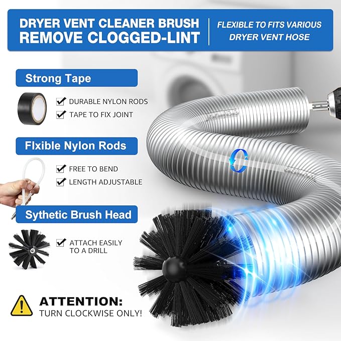 Petode 22-piece 60-Feet Dryer Vent Cleaner Kit, Dryer Vent Cleaning Kit Lint Remover with Dryer Vent Brush, Vacuum Hose Attachment Cleaning Tools, Flexible Lint Trap Brush, Vacuum & Dryer Adapters