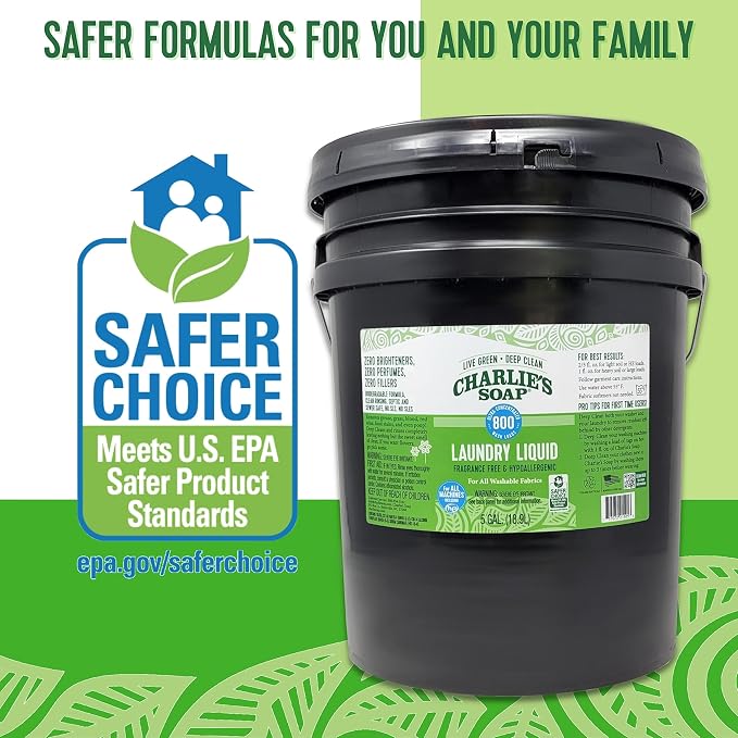 Charlie’s Soap Laundry Liquid Refill (800 Loads, 5 Gallon - 640 Fl Oz) Natural Deep Cleaning Hypoallergenic Laundry Detergent – Biodegradable Eco Friendly Sustainable Laundry Liquid