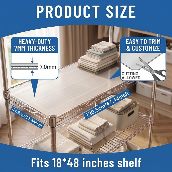 Frienda 18 x 48 Inch Wire Shelf Liners Set of 10, Heavy Duty Waterproof Shelf Mats for Wire Shelving, Non Adhesive Plastic Covers for Metal Storage Racks, Garage, Pantry, Kitchen Shelves, Clear