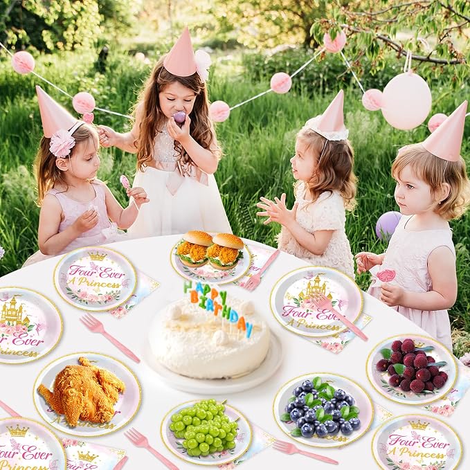 96Pcs Four Ever a Princess Plates and Napkins Girl 4th Birthday Party Decorations Royal Pastel Castle Dessert Disposable Plates Pink & Gold Tableware Set for 24 Guests Floral Fairytale Party Supplies