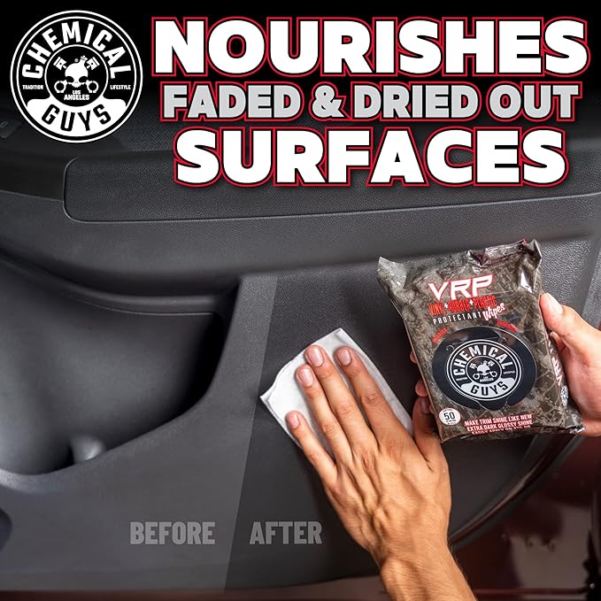 Chemical Guys PMWTVD10750 VRP Shine and Protectant Wipes Mega 100 Pack, For Vinyl, Rubber and Plastic Non-Greasy Dry-to-the-Touch Long Lasting Super Shine Dressing for Tires, Trim and More, (50 Ct)