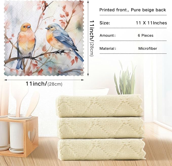 ALAZA Dish Towels Kitchen Cleaning Cloths Birds on Branch Dish Cloths Absorbent Kitchen Towels Lint Free Bar Tea Soft Towel Kitchen Accessories Set of 6,11"x11"