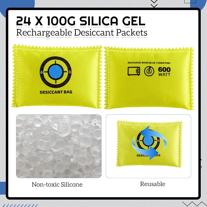 Lounsweer 30 Pack(100g Each) Rechargeable Silica Gel Desiccant Packs with Color Indicator, Reusable Moisture Absorbers for Gun Safes, Closets, Storage Bins, Cars, Luggage, Camper, and Drawers