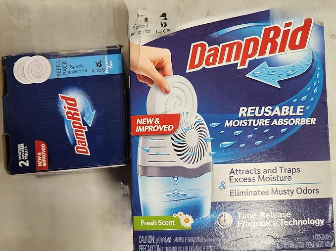 DampRid Drop Starter Kit with 1 Fresh Scent Moisture Absorbing Tab Odor Eliminator for Fresher, Cleaner Air, 15 Ounces. + 1 Free Fragrance Free Refill Pack(2 Tabs). Ilios Packaging.