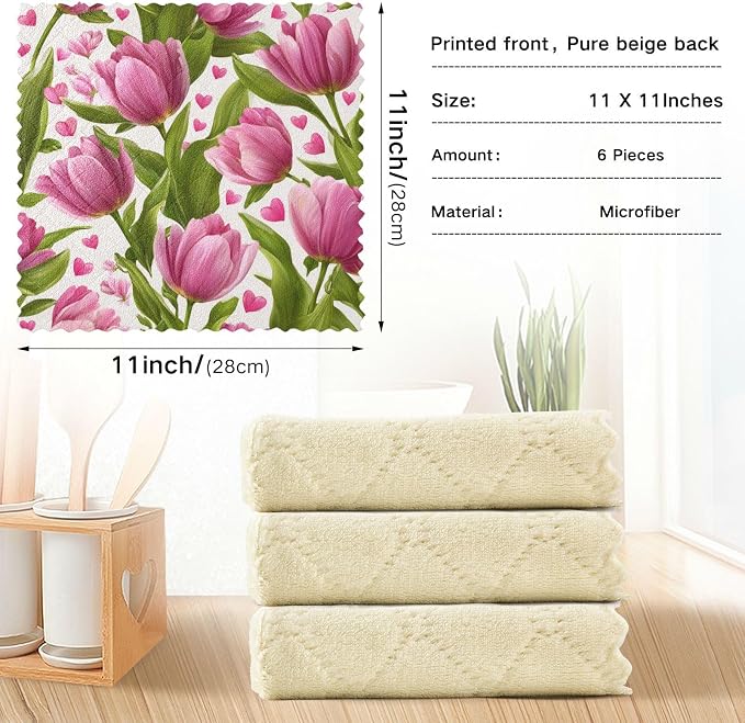 Pink Fresh Tulips and Hearts Kitchen Towels Dish Cloths Set of 6 Microfiber Cleaning Cloths for Cars Super Absorbent Machine