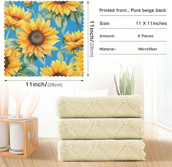 senya Kitchen Dishcloths, Sunflower Blue Cloth Dish Towels 6 Pack Super Absorbent Dishtowels Reusable Cleaning Cloths