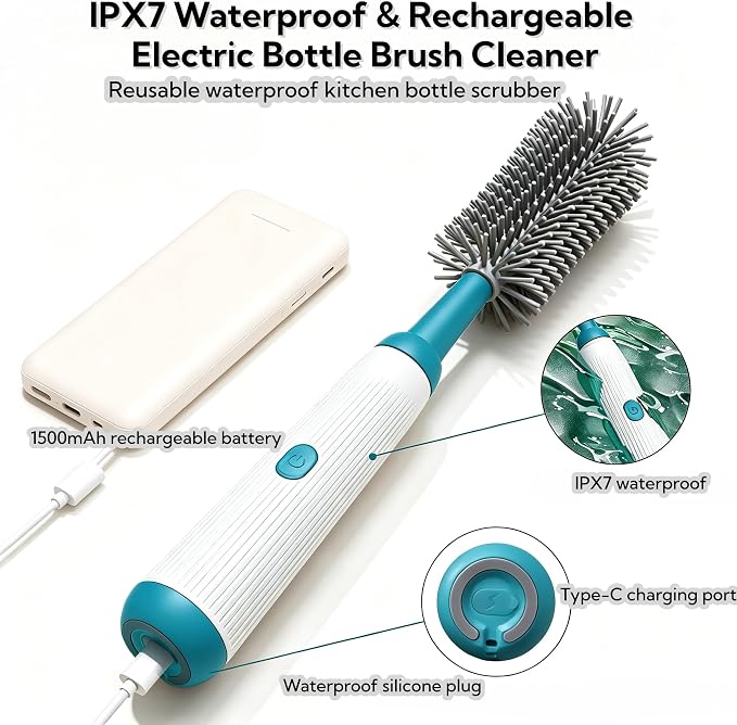 Electric Bottle Brush Set, 6-in-1 Electric Cleaning Brush with Waterproof Silicone Cleaner, 3 Replaceable Brush Heads, Straw Brush & Extension Rod, for Baby Feeding Supplies and Kitchen Utensils