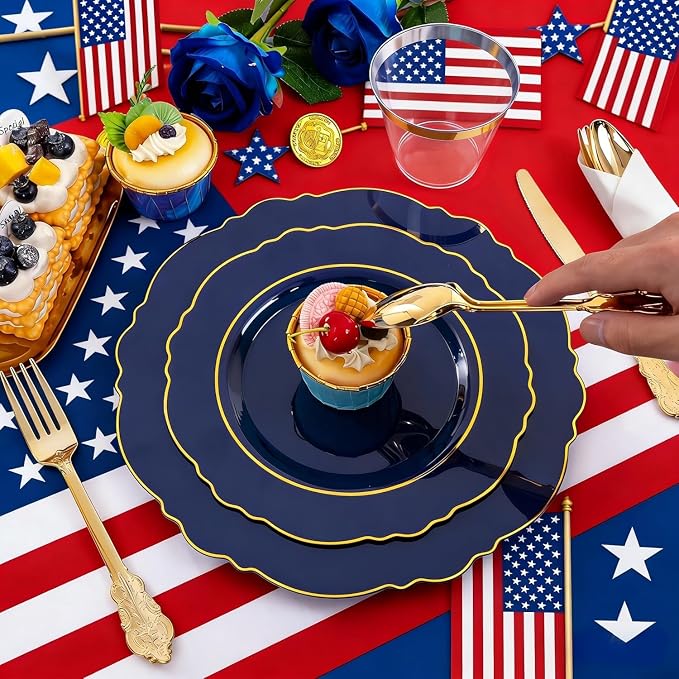 Liacere 350PCS Navy Blue Plastic Plates-Disposable Blue Gold Plates 50guest Plastic Dinnerware include 100Plates,50Pack Pre Rolled Napkins with Silverware 50Cups for Graduation & Independence Day
