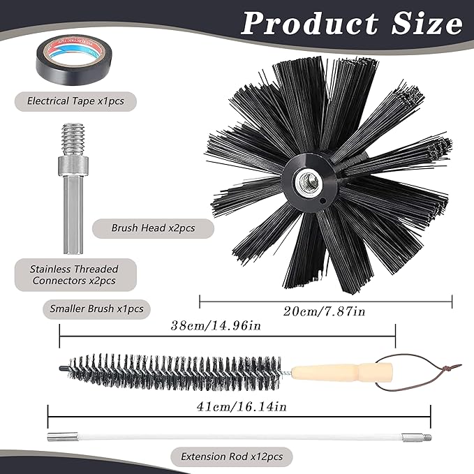 Chimney Sweep Kit Chimney Brush Kit Chimney Cleaning Kit, 16FT Dryer Vent Cleaner Kit Duct Cleaning Tools, Dryer Vent Cleaning Kit Fireplace Chimney Brushes-12pcs Flexible Rods, 2pcs 8in Chimney Brush
