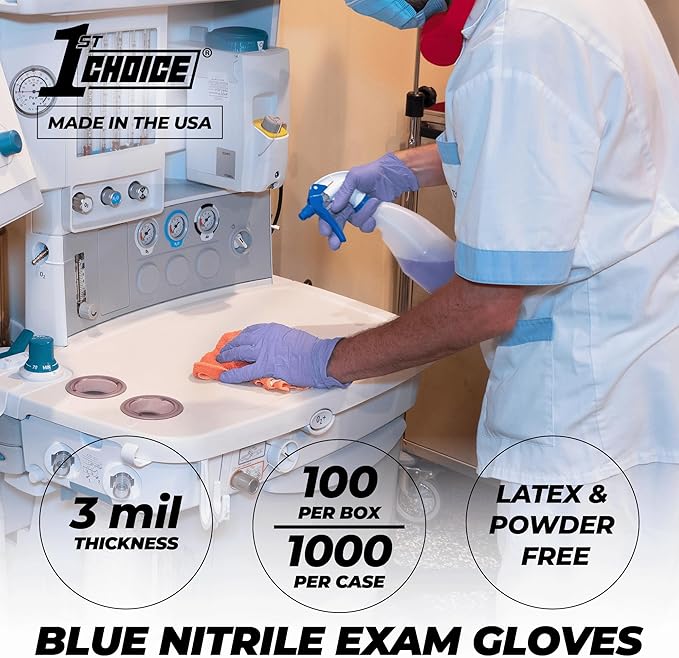 1st Choice 3 Mil Indigo Blue Nitrile Disposable Exam Gloves Made in USA, TAA Compliant Latex Free Medical Grade Cleaning S-XL