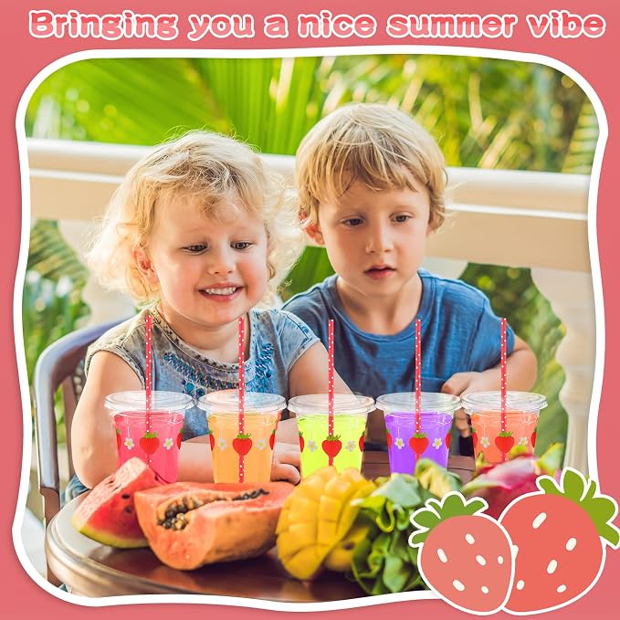 Blushtier 100 Set 12 oz Strawberry Disposable Plastic Cups with Lids and Straws Clear Strawberry Cups for Juice Water Coffee Tea Birthday Summer Fruit Party Supplies (Red)