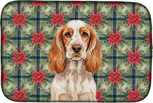 Caroline's Treasures Orange Roan English Cocker Spaniel Christmas PoinsettIas Dish Drying Mat Absorbent Dish Drying Mat Pad for Kitchen Counter Dish Drainer Mat for Countertop, 14 x 21", Multicolor