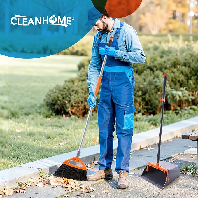 CLEANHOME 24”Push Broom Brush and Heavy Duty Outdoor Broom and Dustpan Set for Shop, Deck, Garage, Concrete,Indoor and Outdoor Sweeping