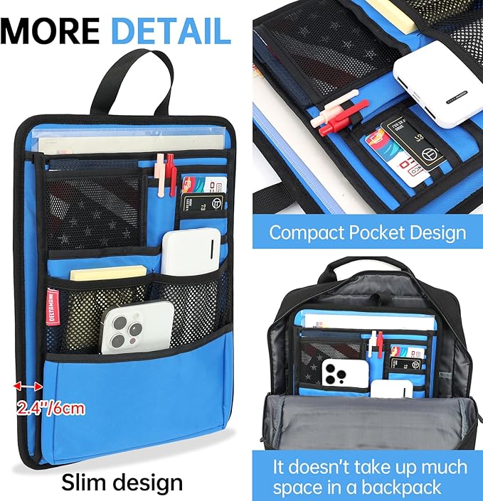 Slim Rugged Backpack Organizer Insert for Business Casual Men Women -13 Pockets,Padded Nylon,Max 14'' laptop - Blue