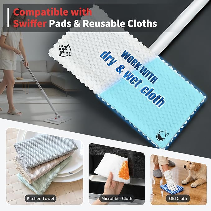 2-in-1 Dual Size Hands Free Flat Mop, Snap Grip Mini & Large Mop Compatible with Swiffer Pads, 15 Dry Pads and Reusable Cloths, Lazy Mops for Hardwood, Tile, Walls & Tight Spaces Cleaning