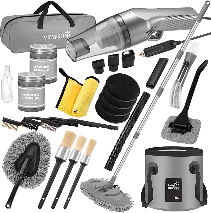 Car Cleaning Kit with High Power Handheld Vacuum, Car Wash Mop with Long Handle, Bucket, Detailing Brush Set, Windshield Cleaner, Complete Interior Exterior Washing Supply for Men Women
