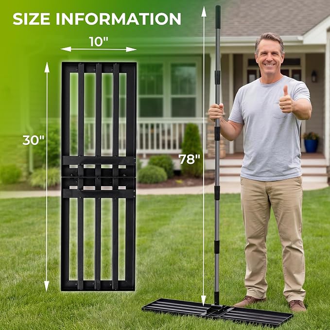 Walensee Foldable Split Lawn Leveling Rake, 30"x10" Heavy Duty Lawn Leveler Tool with 6.5FT Steel Handle, Levelawn Landscape Rake for Topdressing, Soil, Sand, Dirt, Backyard, Garden