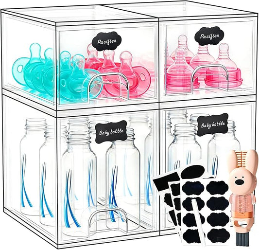 TOOGE Stackable Baby Bottle Organizer: Acrylic Bottle Organizer Baby Storage Drawers Clear Bottle Station Organization for Countertop Cabinet Vanity with 4 in 1 Cup Lid Cleaning Brush & Label - Tall