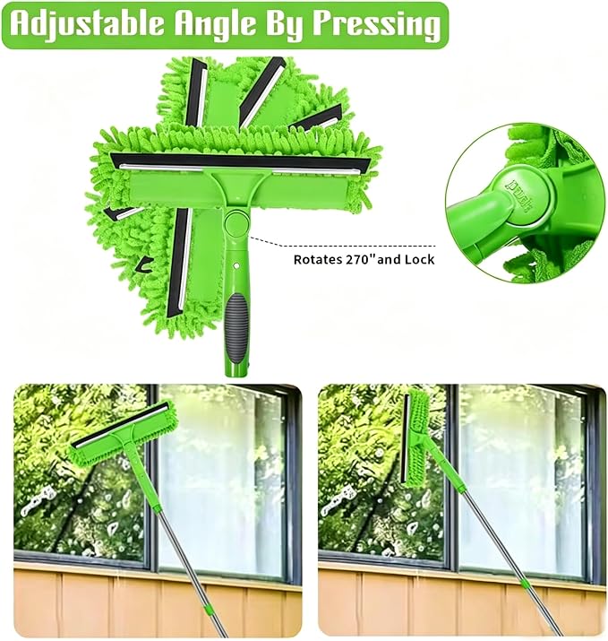 68'' Window Squeegee Cleaner Kit - 2-in-1 Rotatable Window Cleaning Tool with Extension Pole, Professional Streak-Free Squeegee with Bendable Head for Indoor/Outdoor Windows Car Glass (Green, 38.45FT)