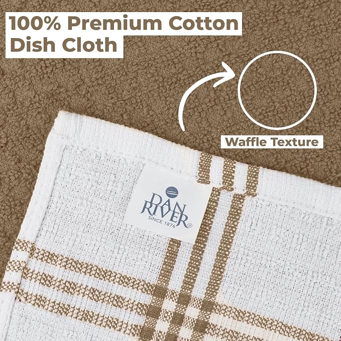 DAN RIVER Premium Dish Cloth 100% Cotton 12 X 12 Inches |Pack of 8|-Ultra Soft Tea Towels-Highly Absorbent Kitchen Rags-Terry Dishcloth for Kitchen and Household Cleaning |Tan|