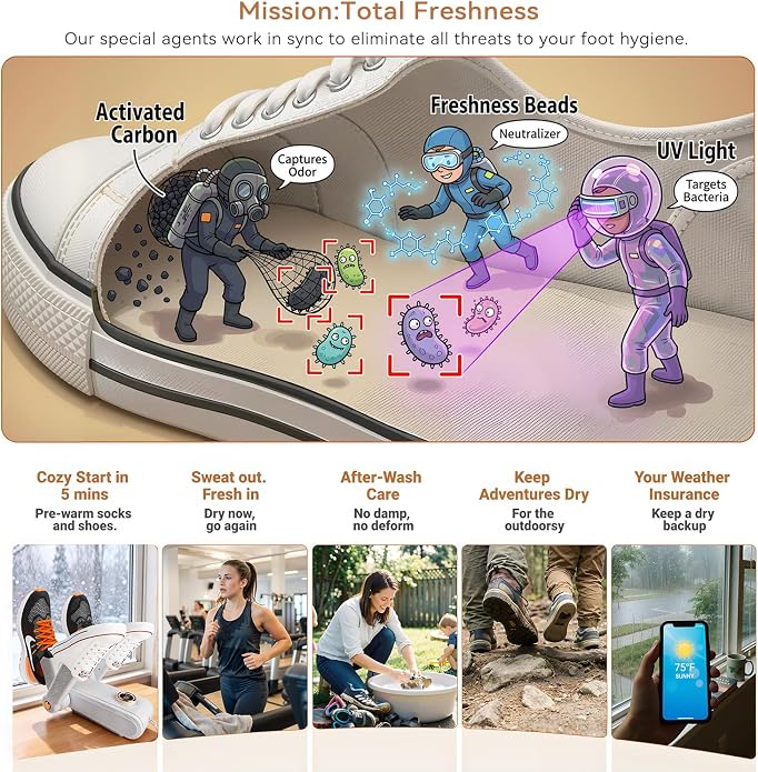 EXELIQ Shoe Dryer, 4 Adjustable Brackets, Portable Boot Dryer, Intelligent Timer, Boot and Glove Dryer, UV Light Sanitization