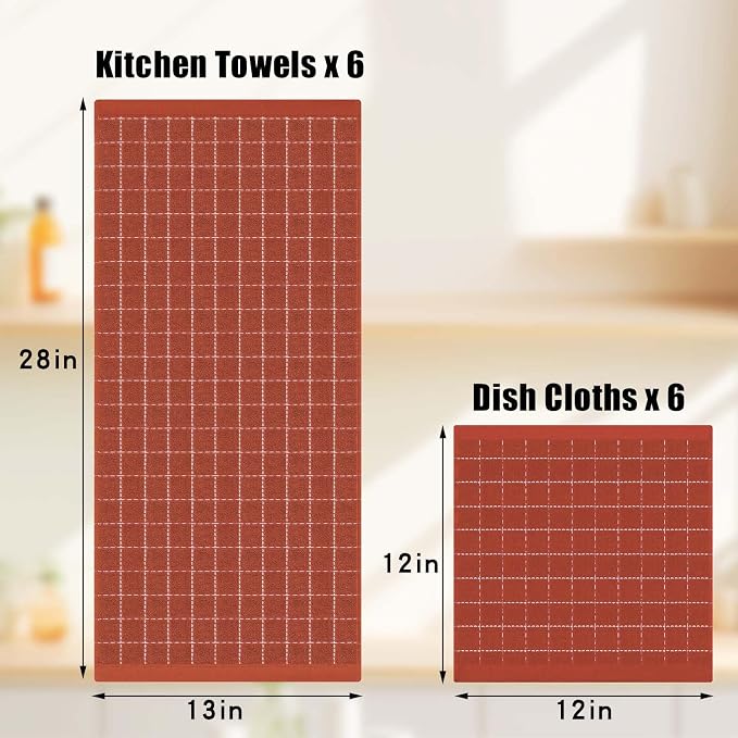 Homaxy Kitchen Towels and Dishcloths Set, 12 x 12 and 13 x 28 Inches, Set of 8 Bulk Cotton Terry Kitchen Towels Set, Checkered Designed, Soft and Super Absorbent Dish Towels, Rust